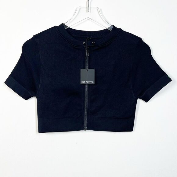 Set Active Women’s Size Medium NWT Black Moto Zip Front Crop Top Sculptflex - Picture 1 of 9
